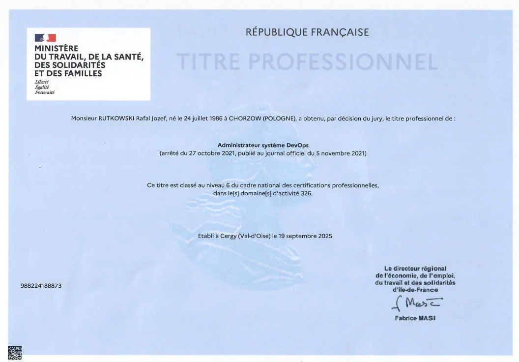 Diplôme Administrateur DevOps RNCP Niveau 6 — 2025